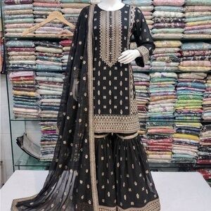 Elegant chiffon fabric Black and Gold Embroidered gharara for women stitched
